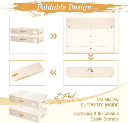 Criusia Under Bed Storage Bins with Clear PVC Lids – 2 Pack Large Underbed Organizers with Heavy-Duty Handles, Reinforced with 800G PP Panels & 80G Non-Woven Fabric – Waterproof & Foldable, Beige