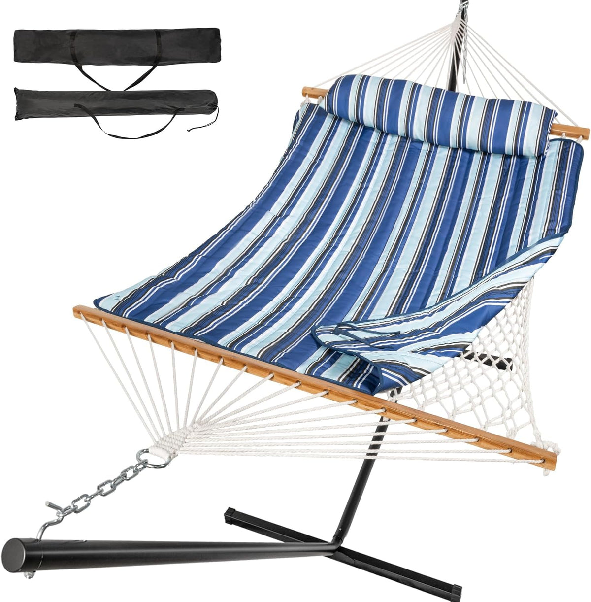 2 Person Outdoor Hammock with Stand, Cotton Rope Hammock with Polyester Pad, Adjustable Steel Frame, Portable with Carrying Bag – for Patio, Backyard, Garden, Beach, Blue Stripe