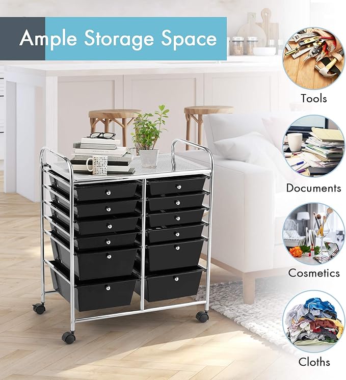 GOFLAME 12-Drawer Rolling Storage Cart, Multipurpose Organizer Cart with 2 Sizes Plastic Drawers, Mobile Utility Cart with Lockable Casters for School, Home Office, Beauty Salon, Black