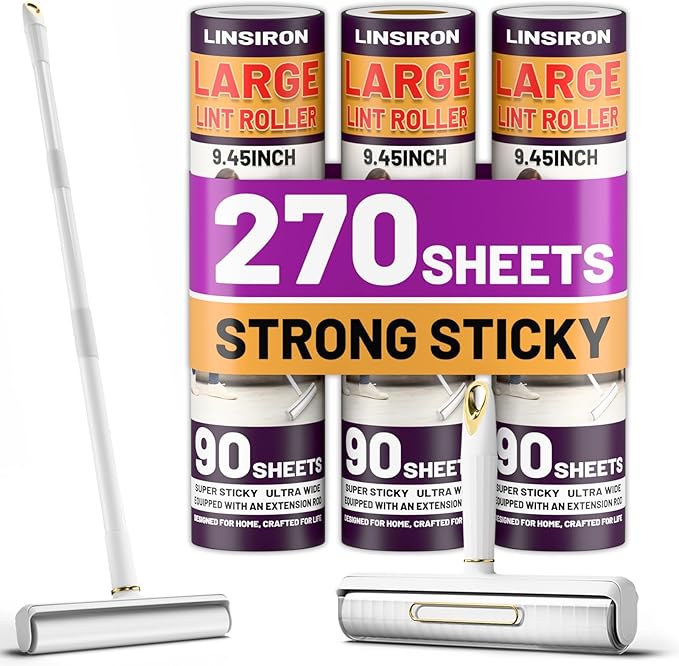 Large Lint Roller Pet Hair Remover 270 Adhesive Sheets Rollers 9.45 Extra Sticky Dog Cat Adjustable Handle 7.9-47.6 Inch, 3 Replaceable Rolls 90 Sheets Each, 3 Extension Rods for 4 Heights﻿