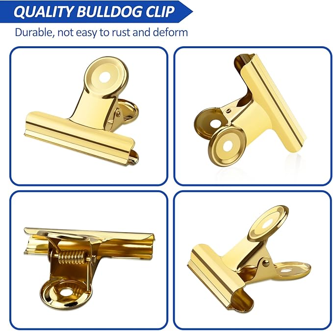 20 Pack Large Metal Hinge Clips 2 Inches Bull Hinge Paper Clips Gold Bulldog Clips for Crafts, Photo, Drawing, Food Bags at Home, Office, School, Shop, Gold, 51mm