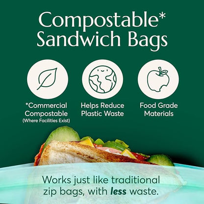 Cleanomic Compostable* Sandwich Size Food Storage Bags (25 Eco Zip) Freezer and Leak Proof, Also Available Gallon, Quart and Snack Size Bags