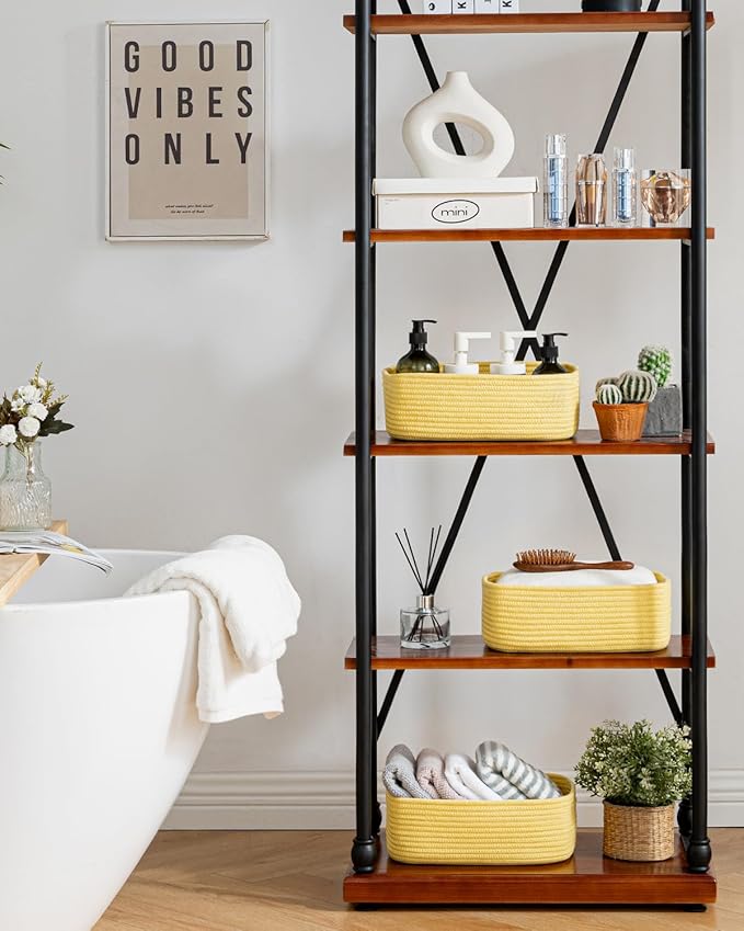 Small Woven Basket, 12 x 8 x 4.5 Inches, Storage Basket for Organizing, Cute Small Rope Shelf Closet Cube Storage Bins Baskets for Shelves, Dog Toy Gift Baskets Empty, 3 Pack Yellow