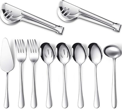 Patelai Serving Utensils Set Include Stainless Steel Large Spoons Slotted Spoons Forks Tongs Soup Ladle and Pie Server for Parties Buffet Catering, Dishwasher Safe(Silver,10 Pieces)