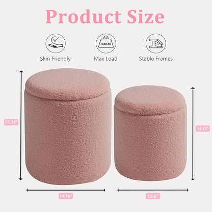 Round Ottoman with Storage Set of 2-Upholstered Sherpa Vanity Stool for Makeup Multifunctional Ottomans Coffee Table Padded Seat Foot Rest for Living Room&Bedroom(Sherpa Pink)