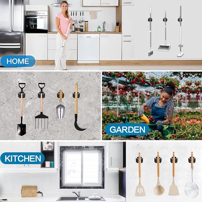 24 PCS Broom and Mop Holder, Heavy Duty Garden Tool Organizer Rack Rake and Shovel Handle, Stainless Steel Mop Hanger. Wall Mounted Utility Rack with Screws, Silver.