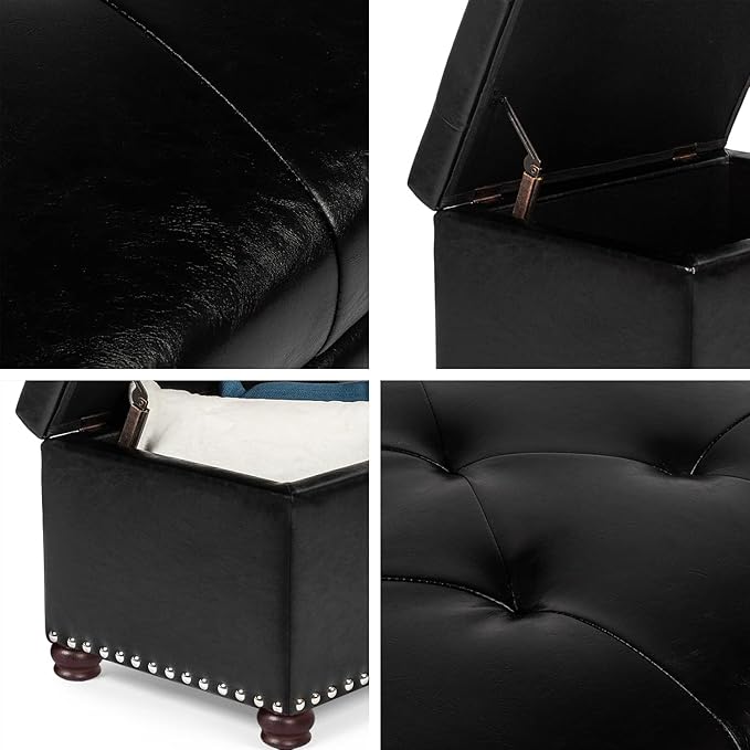 24'' Leather Storage Ottoman Rectangular Foot Rest Stool with Nailhead Trim Toy Chests & Storage Room Organizer for Bedroom Living Room(Black)