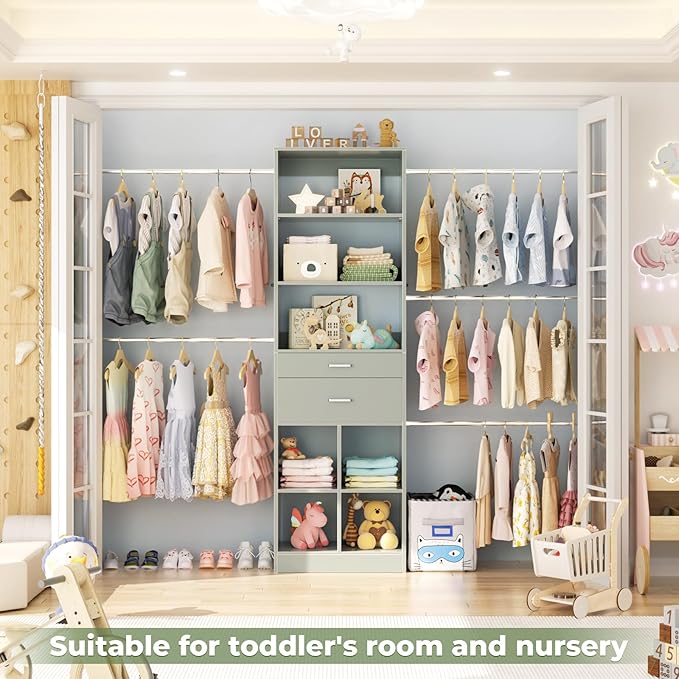 Closet System, 4-8 FT Closet Organizer Tower with 2 Wooden Drawers and Shelves, Can Fit 60 to 96 inch Walk-in Closet System with 5 Hang Rods, Built-in, Crab Green