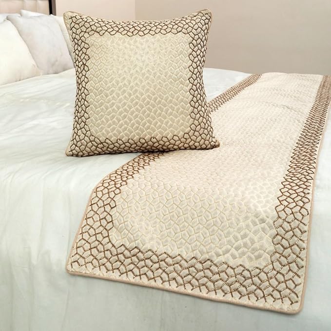 The HomeCentric King/Queen/Twin Ivory & Gold Designer CA King 86"x18" Bed Runner with 2 Pillow Cover, Mosaic & Beaded Bed Scarf on Jacquard Fabric - Tessellation