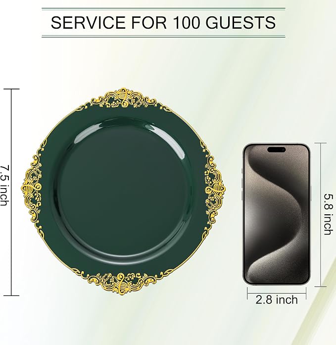 Nervure 100Pcs 7.5'' Green Plastic Plates, Disposable Plates