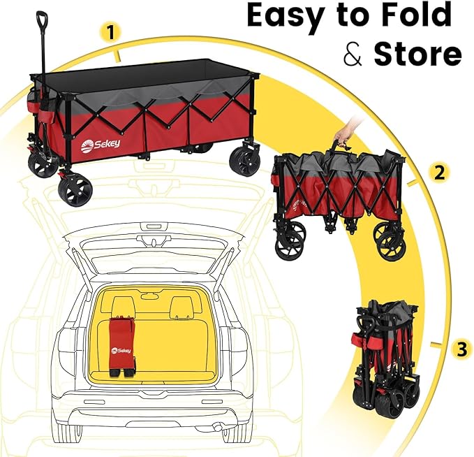 Sekey 48''L Collapsible Foldable Extended Wagon with 440lbs Weight Capacity, Heavy Duty 300L Folding Utility Garden Cart with Big All-Terrain Beach Wheels & Drink Holders. Red&Grey