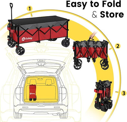 Sekey 48''L Collapsible Foldable Extended Wagon with 440lbs Weight Capacity, Heavy Duty 300L Folding Utility Garden Cart with Big All-Terrain Beach Wheels & Drink Holders. Red&Grey