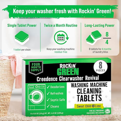 Rockin' Green Deep Cleaning and Deodorizing Tablets for Dishwashers, Washing Machines, and Garbage Disposals, Removes Odor and Residue (Washing Machine Cleaning Tablets, 8 Pack)