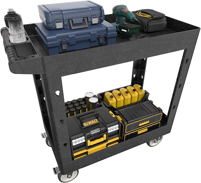 Large Garage Plastic Utility Cart, Heavy Duty 2 Shelf Tool Cart Service Cart Rolling Push Carts with Ergonomic Handle 5" Swivel Casters.