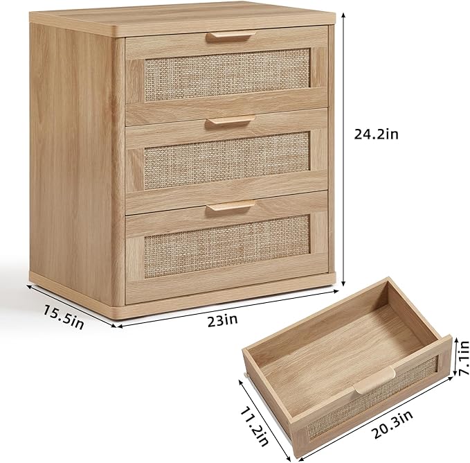 LEYAOYAO Rattan Night Stand with Drawers, 23" Large 3 Drawer Boho Nightstand, Natural Wood Bedside Table Storage Cabinet, Bed Side End Tables Dresser for Bedroom, Living Room, Hallway, Closet