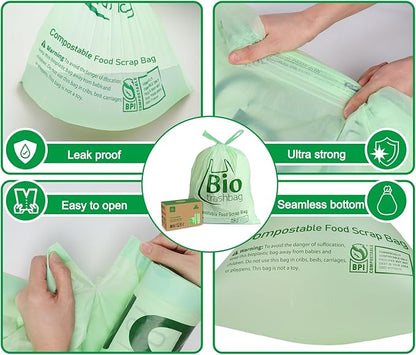 13 Gallon Compostable Trash Bags, Biodegradable Drawstring Compost Food Waste Bags, 100 Count, Heavy Duty 1 Mil, 49.2 Liter, Tall Kitchen Large Garbage Bags, US BPI and Europe OK Compost