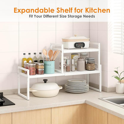 DOLALIKE Expandable Kitchen Countertop Organizer, Stackable Cabinet Shelf Organizers, Space Saving Spice Rack Pantry Storage for Bathroom Office Organization (White, 1-Tier)