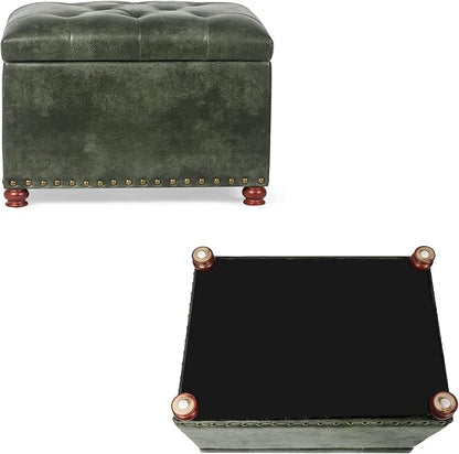 24'' Leather Ottoman with Storage Rectangle Foot Rest Ottomans Stool for Living Room(Green,Leather Texture)