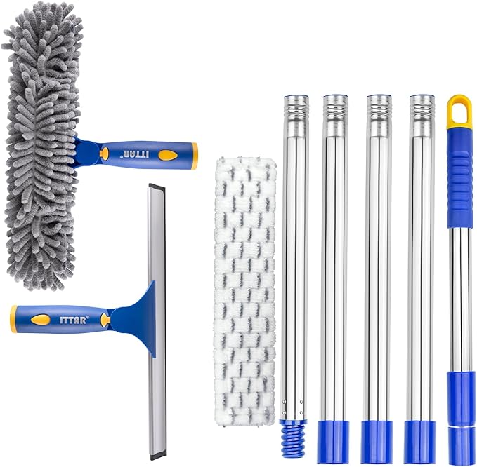ITTAR Professional Window Cleaning Squeegee Kit, 7.15 Ft High Reach Cleaner Tool, Rotatable Window Washing Equipment with Extension Pole for Indoor/Outdoor Window, Glass, Car, 1 Blade 2 Scrubber
