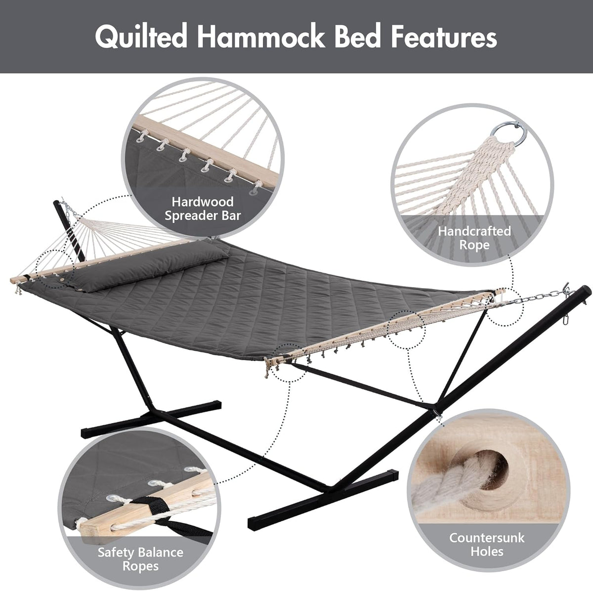 ANOW Double Hammock with 12FT Heavy Duty Steel Stand Included, 2 Person Hammock with Stand for Outdoors, 450 LBS Weight Capacity, Gray