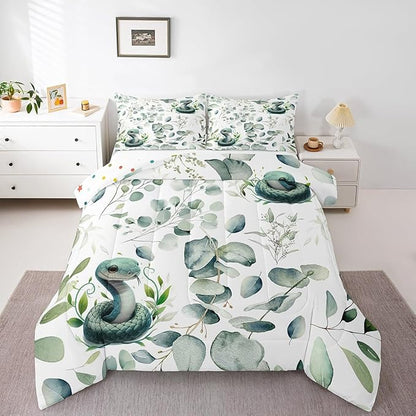 Erosebridal Cute Snake Bedding Queen Size for Kids Child Green Eucalyptus Comforter Set Queen, Wild Animal Duvet Insert Botanical Plant Leaves Quilt Set, Cartoon Wildlife Bedding Comforters & Sets