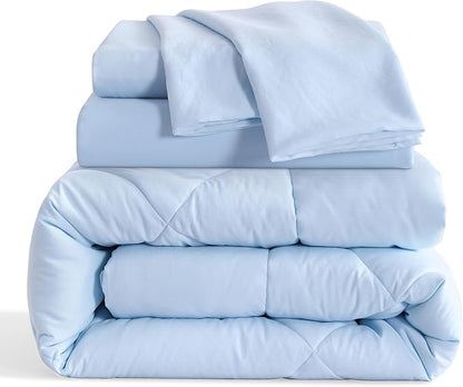 NTBAY Twin Comforter Set with Sheets, 5 Pieces Soft and Breathable Bedding Set, Twin Bed in a Bag, Down Alternative Comforter Set Solid Color All Season, Kids Bedding Set, Aqua