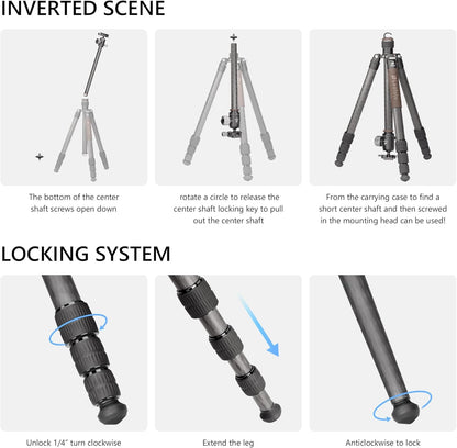 Portable Travel Tripod, Carbon Fiber Camera Tripod with Ball Head, with 360° Detachable Center Column, Folded Length 485mm, Max Load 15kg, Max. Height 1735mm (LX-324CT+XB-38)