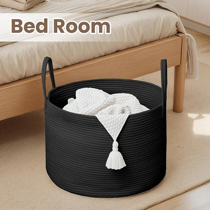 Woven Blanket Basket,115L Large Rope Storage Bin with Handles, Organizer for Blankets Toys Book and Clothes, Laundry Basket for Living Room Bedroom Nursery,Black
