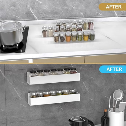 PMMASTO Adhesive Acrylic Spice Rack Organizer for Wall with Nano Double Sided Tape, Spice Shelf Organization for Kitchen Cabinet Door/Pantry Door, Wall Mount Seasoning Rack (White-2 Pack)