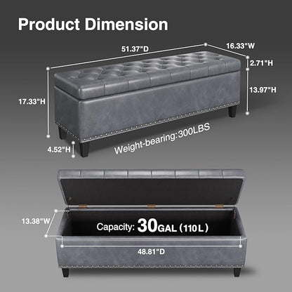 Storage Ottoman Bench, 51-Inch Large Storage Ottoman for Bedroom End of Bed, 30 Gallons Faux Leather Bench for Bedroom, Living Room, Entryway, Hallway, Grey