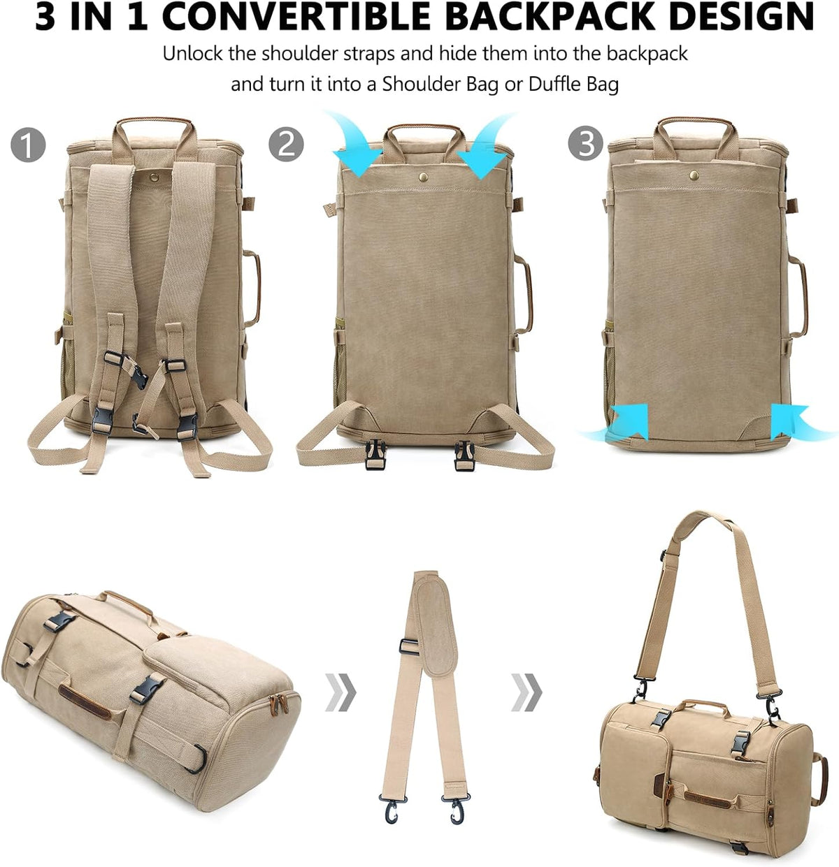 G-FAVOR 40L Travel Backpack, Vintage Canvas Rucksack Convertible Duffel Bag Carry On Backpack Fit for 17.3 Inch Laptop Bag