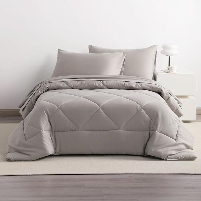 NTBAY Twin Comforter Set with Sheets, 5 Pieces Soft and Breathable Twin Bedding Set, Bed in a Bag, Down Alternative Comforter Set Solid Color All Season, Kids Bedding Set, Smoke Grey
