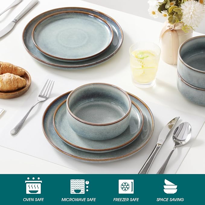 vancasso PLAYA Plates and Bowls Sets, 12 Pieces Light-Blue Dinnerware Sets