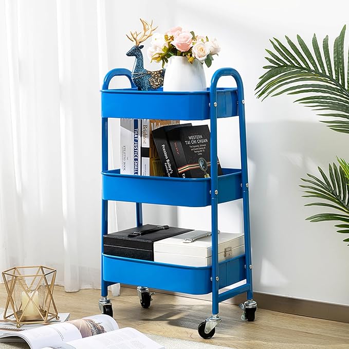 AGTEK Makeup Cart, Movable Rolling Organizer Cart,3 Tier Metal Utility Cart, Aristocratic Blue