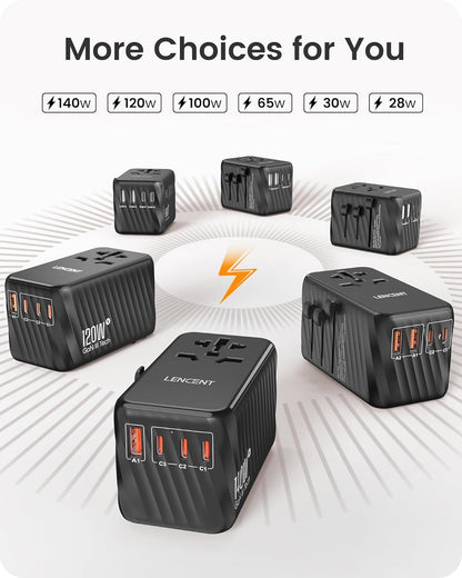 LENCENT Universal Travel Adapter, 65W GaN International Fast Charger with 2 PD3.0 Type C+2 QC USB A, Worldwide Power Adaptor for Phones,Laptops, All in One Travel Essentials for EU/USA/UK/AU, Black