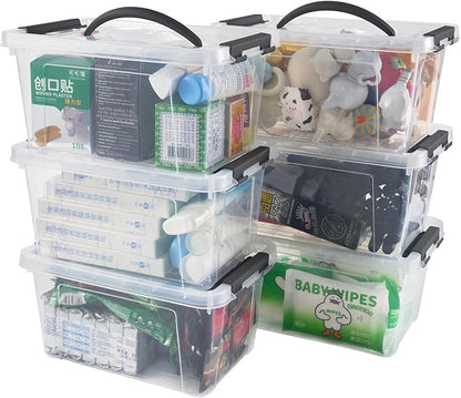 6 Quart Plastic Stackable Storage Latch Bins,Clear Latching Box with Handle and Lid,Pack of 6 (Black Handle)