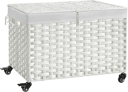 Rolling Storage Basket with Lid, 47.6 Gallon (180L) Storage Bin with Wheels, Woven Rattan Blanket Storage Basket with Handles, Foldable, Metal Frame, Removable Liner for Bedroom, Laundry Room, White
