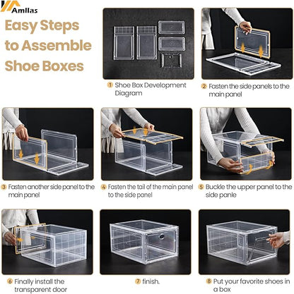 12 Pack Clear Shoe Boxes Stackable,Shoe Storage Boxes for Closet,Sturdy Shoe Box Storage Containers with Clear Door,Sneaker Storage,Easy to Assemble,Fit up to US Size 12(13.8”x 9.84”x 7.1”)