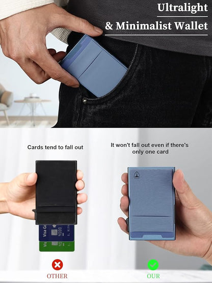 Slim Wallet for Men and Women,Pop Up Credit Card Wallet Metal Minimalist Cards Holder with Money Pocket,Small Ultralight Aluminum RFID Blocking Wallets 6-12 Card Capacity,Navy Blue