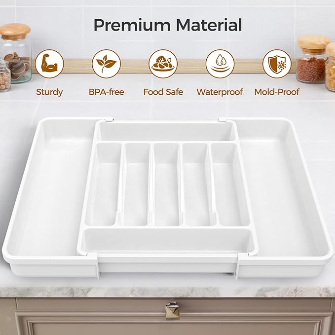 Extra Large Expandable Silverware Organizer, BPA-Free Food-Safe Cutlery Flatware Organizer, Kitchen Utensil Drawer Organizer, Adjustable Silverware Holder for Spoons Forks Knives, White