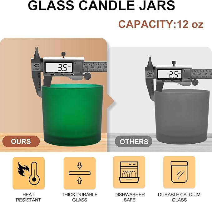 12 OZ Thick Candle Jars for Making Candles 12 Pcs, Empty Jars with Wood Lids for Spice Jars, Sample Container, Frosted Green