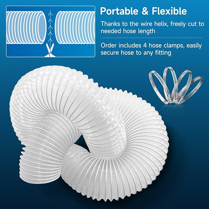 Hon&Guan 4" x 20' Dust Collection Hose, Flexible Clear Odorless PVC Dust Collector Hose with Carbon Steel Wire, Puncture Resistant Dust Hoses for Woodworking Dust Collecting System