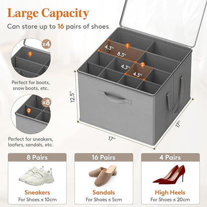 Lifewit Shoe Storage Organizer for Closet Fits 12-16 Pairs, Fabric Large Shoe Box Storage Containers with Clear Cover, Foldable Bins Fit for Boots Sneakers 17"(L) x 17"(W) x 12.5"(H) 2 Pack Light Gray