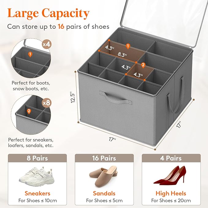 Lifewit Shoe Storage Organizer for Closet Fits 12-16 Pairs, Fabric Large Shoe Box Storage Containers with Clear Cover, Foldable Bins Fit for Boots Sneakers 17"(L) x 17"(W) x 12.5"(H) 3 Pack Light Gray