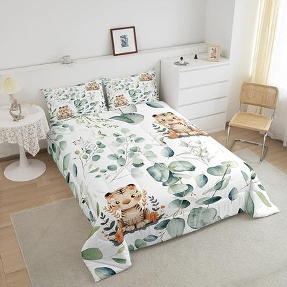 Erosebridal Kids Cute Animal Bedding King Size for Girls Boys Cartoon Tiger Comforter Set King, Spring Eucalyptus Duvet Insert Leaves Quilt Set, Kawaii Jungle Animal Bedding Comforters & Sets
