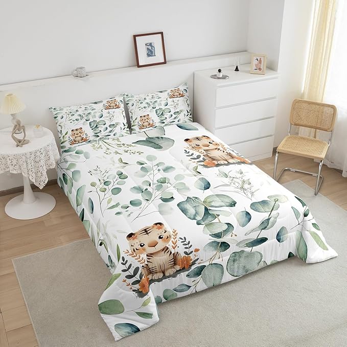 Erosebridal Kids Cute Animal Full Bedding Sets for Girls Boys Cartoon Tiger Comforter Set, Spring Eucalyptus Bedding Comforter Sets Watercolor Leaves Duvet Insert, Kawaii Jungle Animal Down Comforter