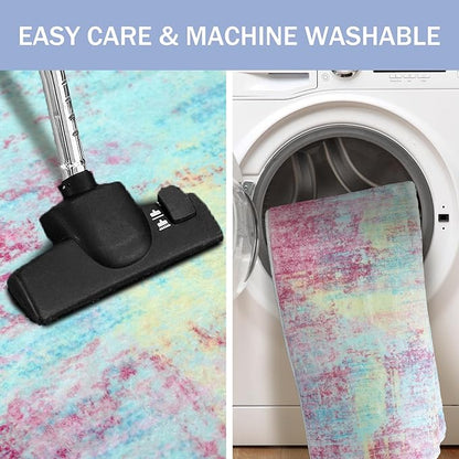 IOHOUZE Abstract Runner Rug 2x5 Ft Washable Runners for Hallways, Non Slip Kitchen Runner Printed Faux Wool Entryway Runner Indoor, Modern Abstract Floor Carpet for Hall Kitchen Bedroom, Pink Teal