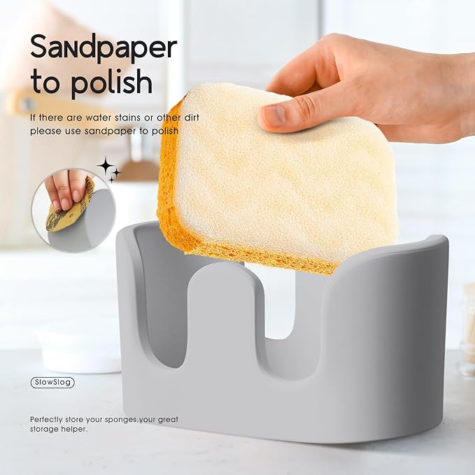 Double Sponge Holder, 2 Slots Diatomite Stone Sponge Holder, Absorbent Sponge Stand for Kitchen Sink, Quick Dry Dish Brush Holder Kitchen Sink Organizer, Gray