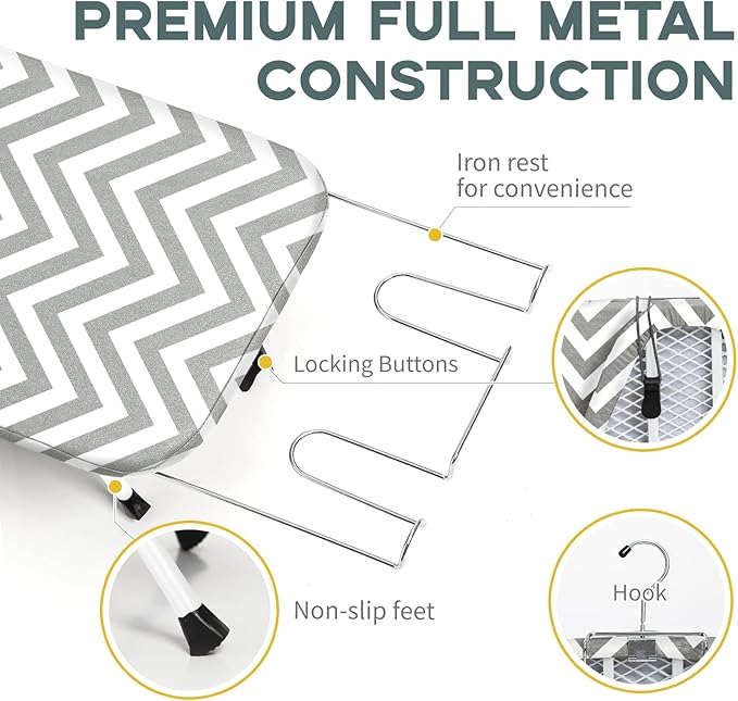 Folding Ironing Board for Small Space, RAINHOL Mini Collapsible Ironing Boards, with Hook, Iron Rest, Heat-Resistant 100% Cotton Cover and Pad, Gray and White Stripes, 31" x 12", Steel Mesh
