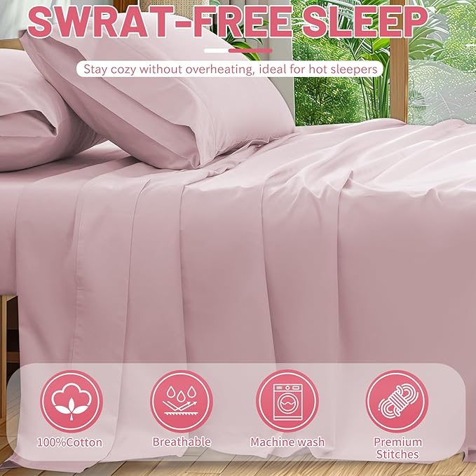 Extra Deep Pocket Queen Sheets 18-24 Inch 100% Egyptian Cotton 1000 Thread Count Sateen Weave Soft Breathable 4 Pieces（Queen,Light Pink）